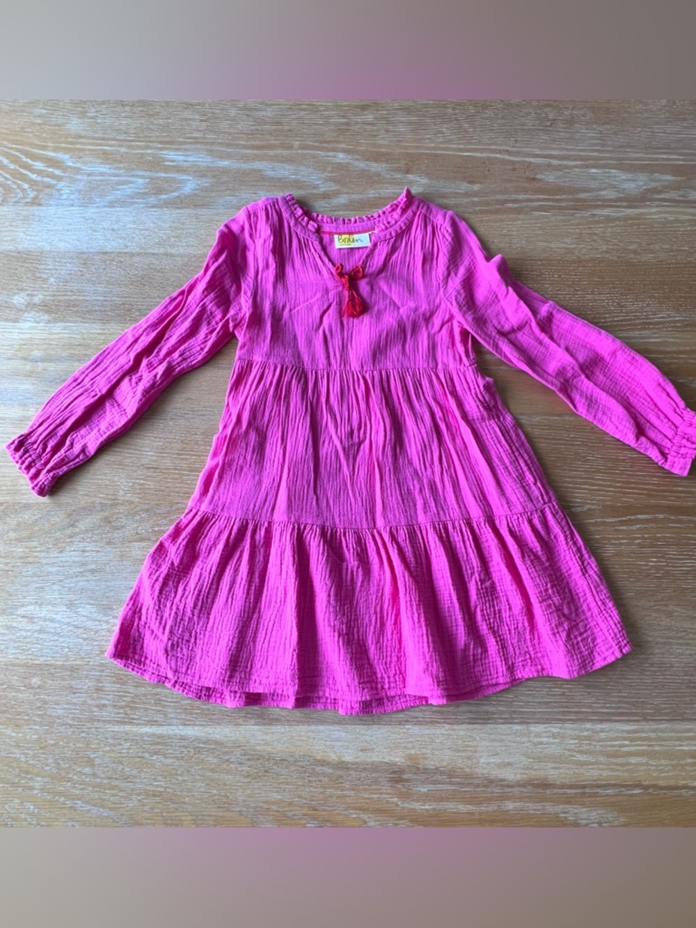 Mini Boden Pink Tiered Long-Sleeve Cotton Dress